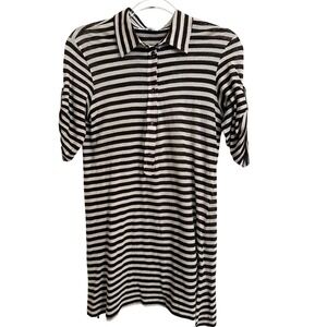 Max Mara Linen Cotton Stripe Button Polo T-Shirt Dress Brown Cream S